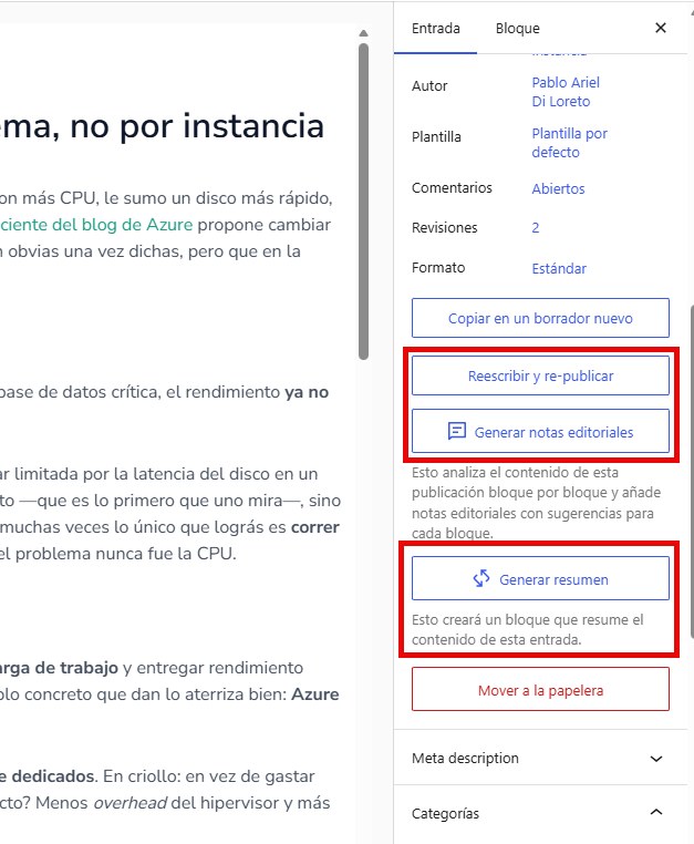 Las acciones editoriales con IA, marcadas: reescribir y re-publicar, generar notas editoriales bloque por bloque, y generar un resumen.