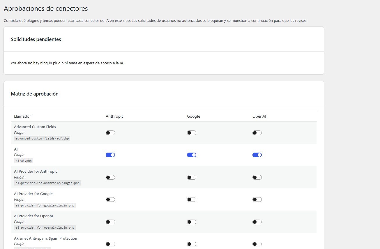 La matriz de aprobación: por cada plugin decidís qué proveedor puede usar (Anthropic, Google, OpenAI).