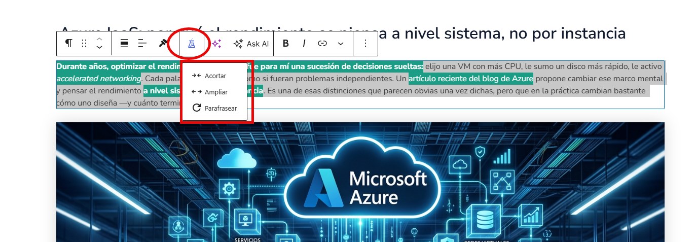 El asistente de IA nativo (ícono del matraz) y su menú: Acortar, Ampliar y Parafrasear, directamente sobre el texto seleccionado.