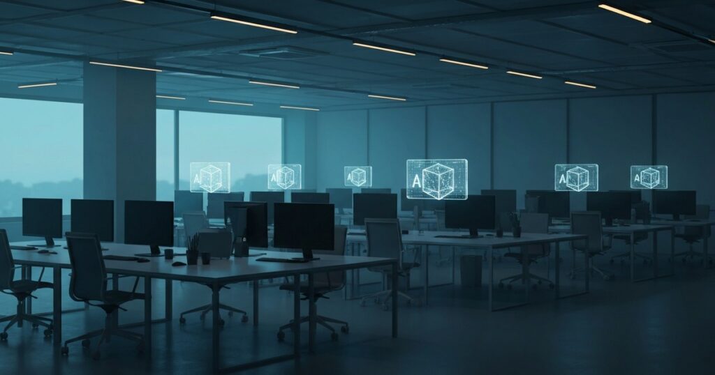 Concepto: agentes de IA reemplazando puestos de trabajo en una oficina vacía