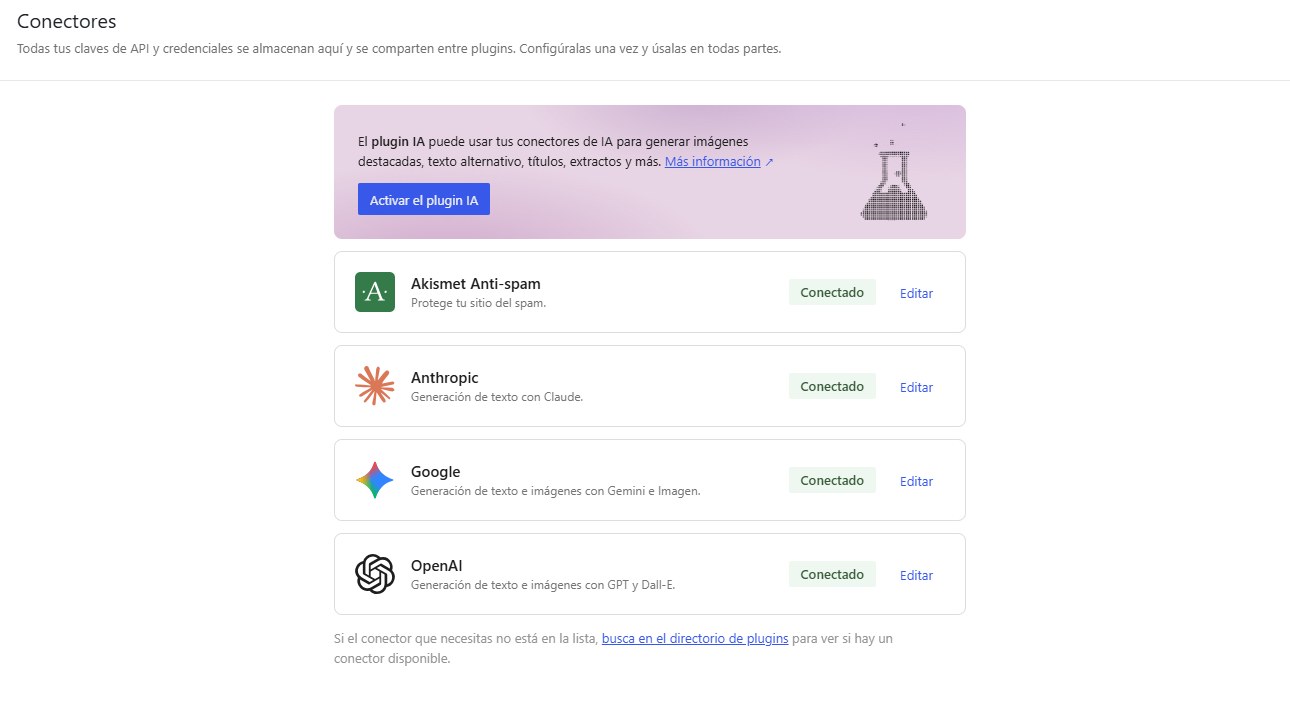 La pantalla de Conectores con Anthropic, Google y OpenAI ya conectados, listos para que cualquier plugin los use.