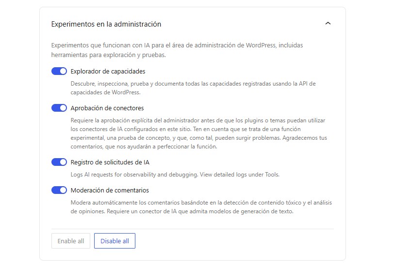 Los experimentos de IA de administración: explorador de capacidades, aprobación de conectores, registro de solicitudes y moderación de comentarios.