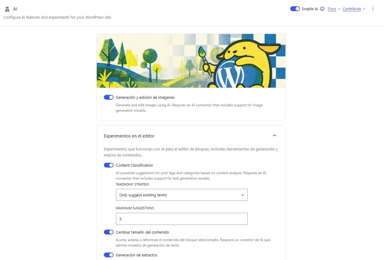 Los experimentos de IA del editor: generación de imágenes, clasificación de contenido, cambiar tamaño y generación de extractos.