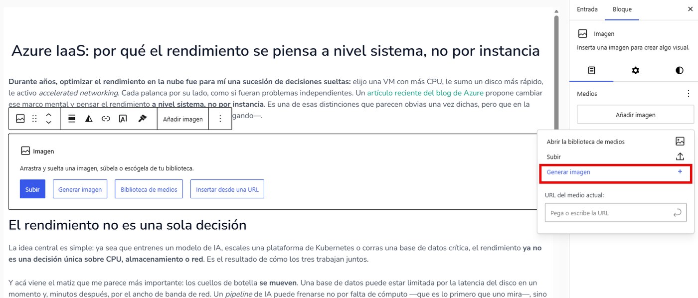 La opción Generar imagen aparece en el propio bloque, junto a Subir y Biblioteca de medios.