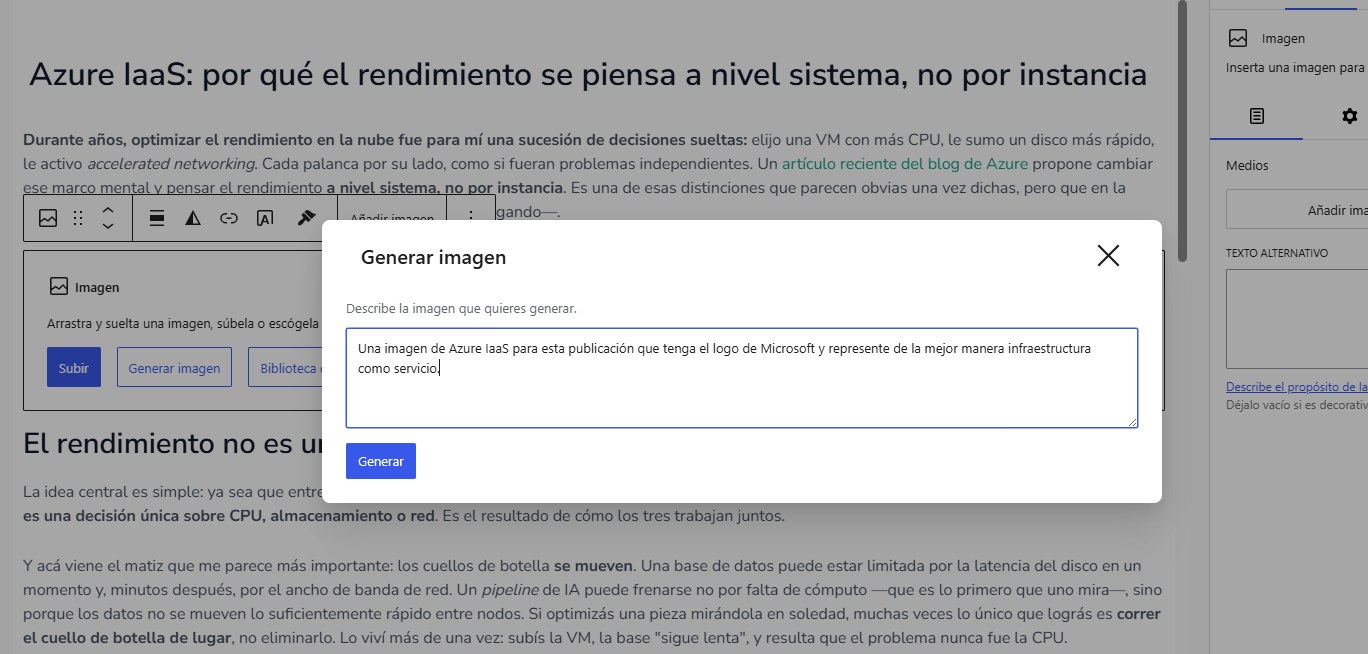 El prompt en lenguaje natural: describís la imagen que querés y le das a Generar.