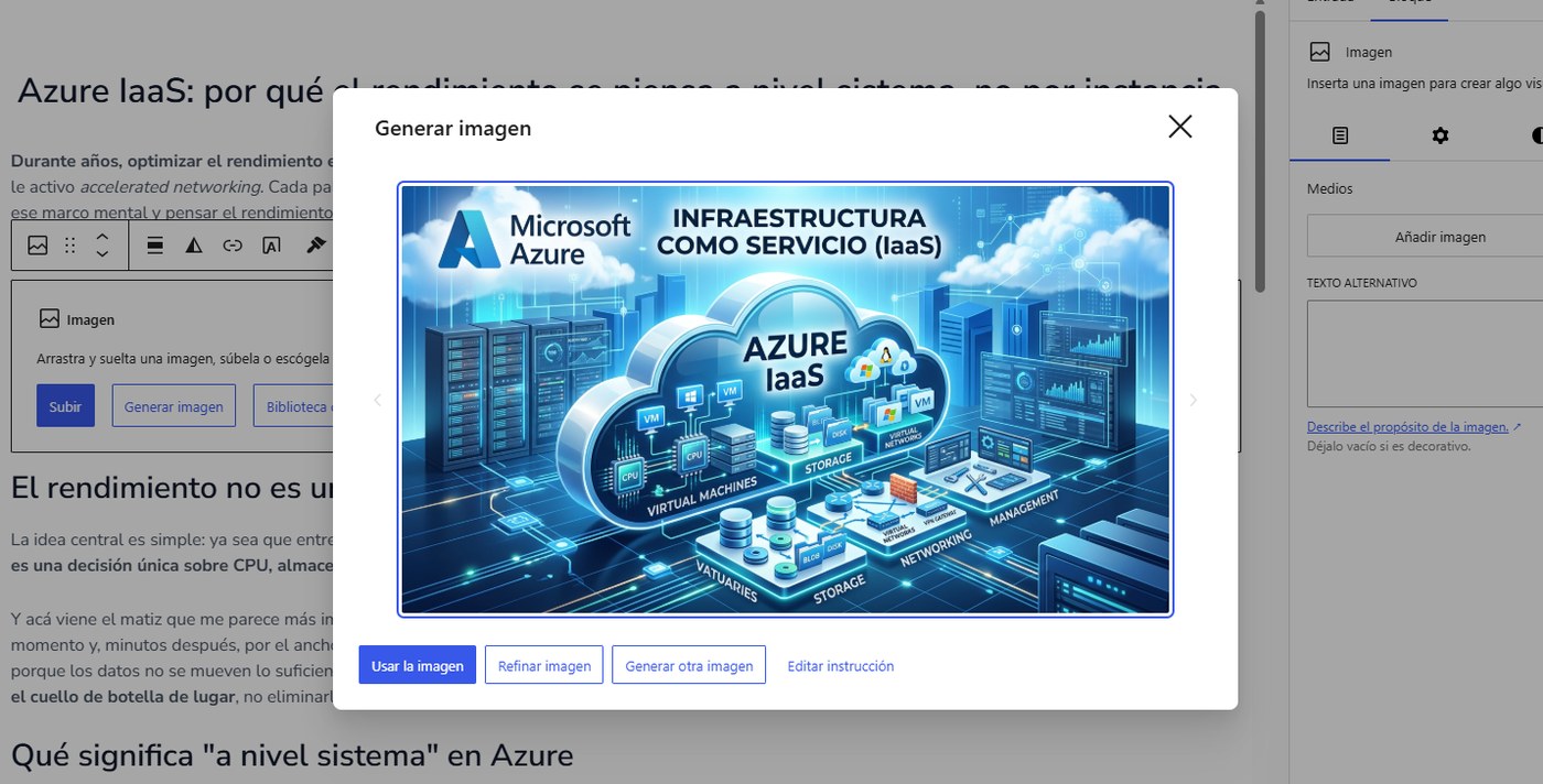 El resultado, dentro del editor: usar, refinar, generar otra o editar la instrucción. Mirá la calidad del ejemplo de Azure IaaS.