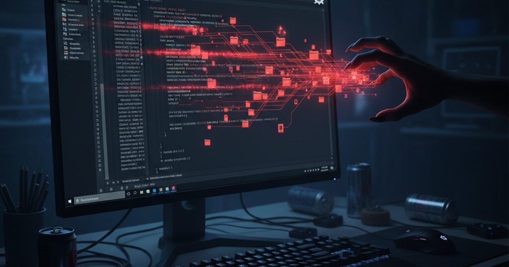 Una extensión maliciosa de VS Code roba repositorios internos de GitHub: archivos saliendo de un editor de código hacia una mano en las sombras