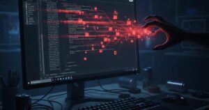 Una extensión maliciosa de VS Code roba repositorios internos de GitHub: archivos saliendo de un editor de código hacia una mano en las sombras