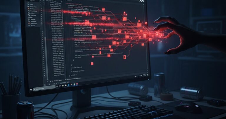 Una extensión maliciosa de VS Code roba repositorios internos de GitHub: archivos saliendo de un editor de código hacia una mano en las sombras