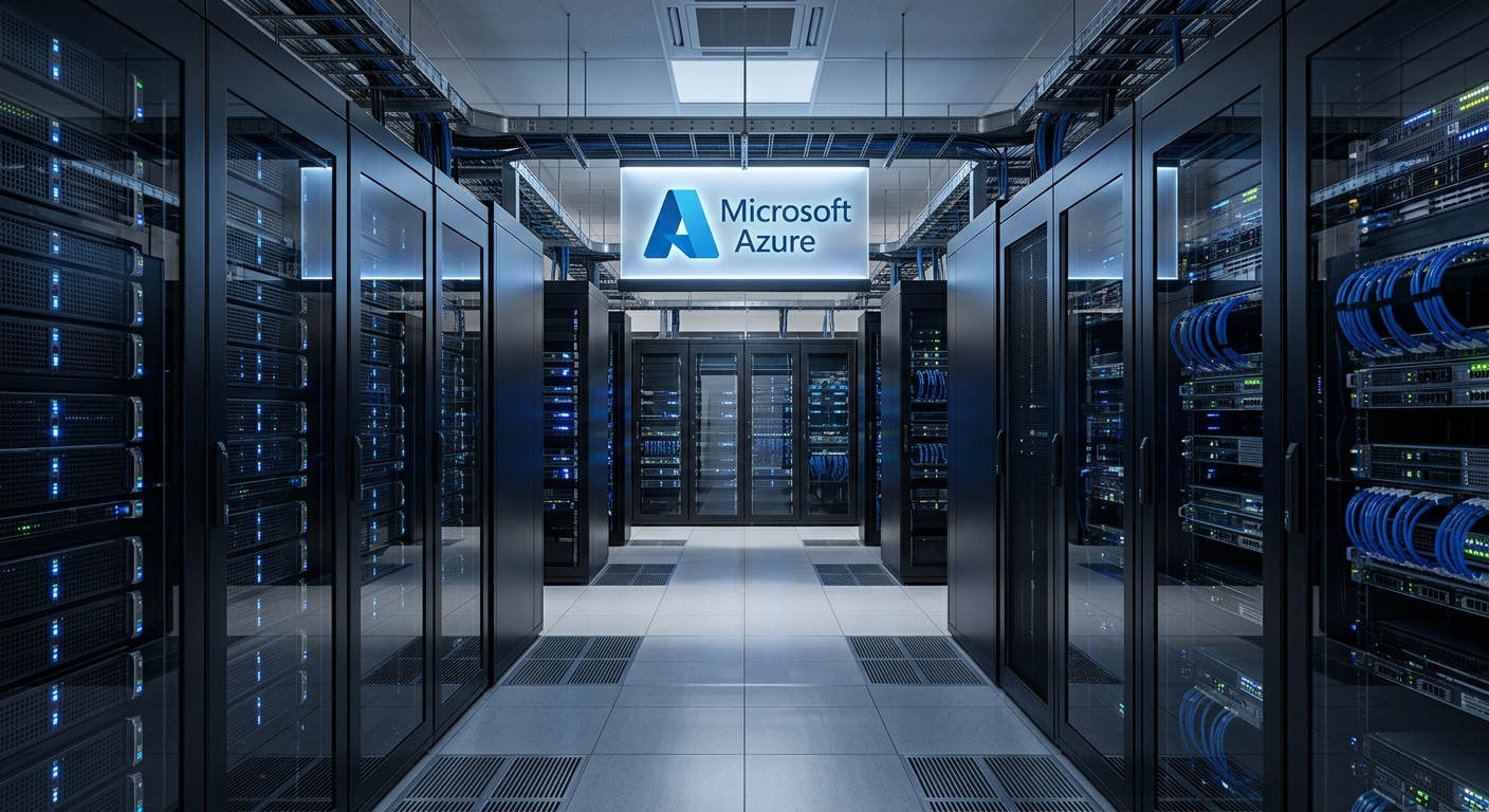 Una imagen de un centro de datos que represente Azure IaaS con el logo de Azure