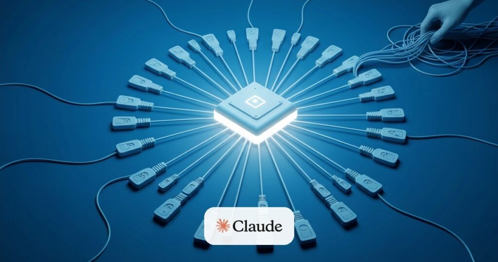 Hub central conectando enchufes y herramientas en orden mientras se desenredan cables — Model Context Protocol