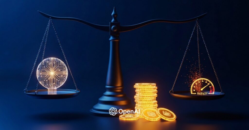 Balanza pesando un núcleo de IA contra un medidor de presupuesto y monedas — sostenibilidad financiera de la IA