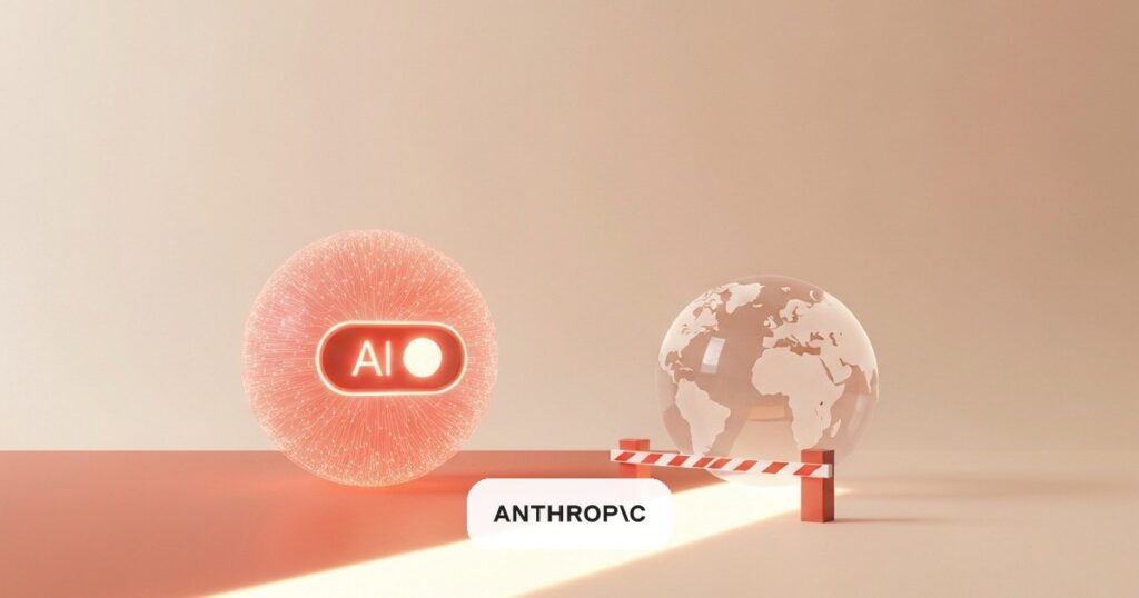 Render: una IA apagandose junto a un globo terraqueo y una barrera, fondo coral — Anthropic bloquea sus modelos por control de exportacion