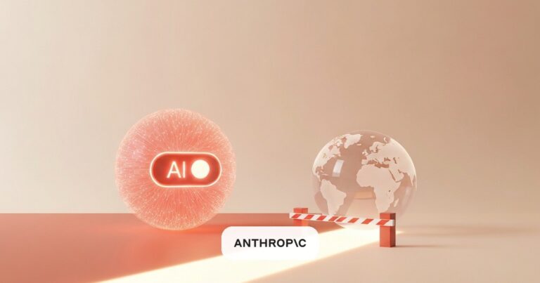 Render: una IA apagandose junto a un globo terraqueo y una barrera, fondo coral — Anthropic bloquea sus modelos por control de exportacion