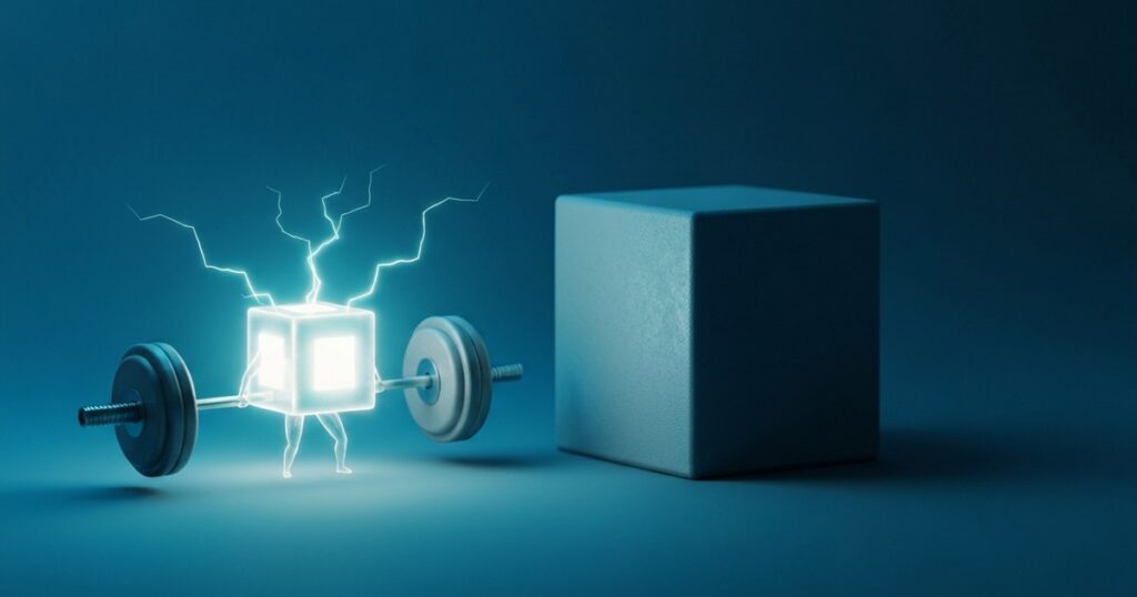 Render: un cubo pequeno y luminoso levantando pesas junto a un cubo grande apagado — modelos de IA chicos que superan a los grandes