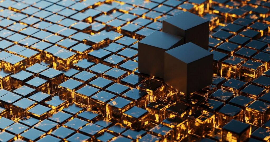 Render: miles de cubos cristalinos compactados en una grilla densa — value types de Project Valhalla en la JVM