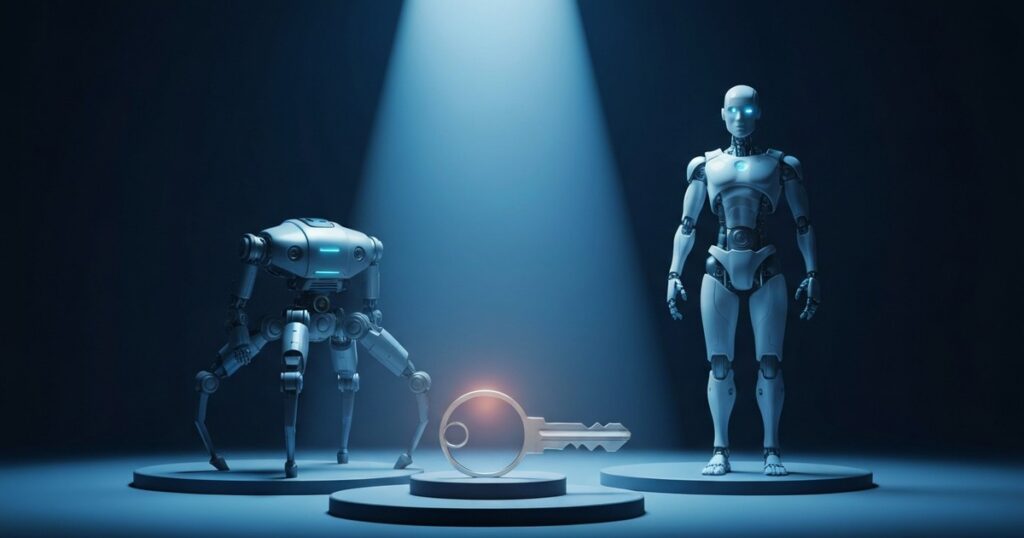Render: dos robots sobre podios con una llave dorada — Hyundai toma el 100% de Boston Dynamics