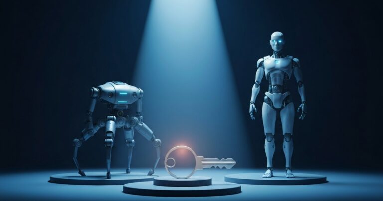Render: dos robots sobre podios con una llave dorada — Hyundai toma el 100% de Boston Dynamics