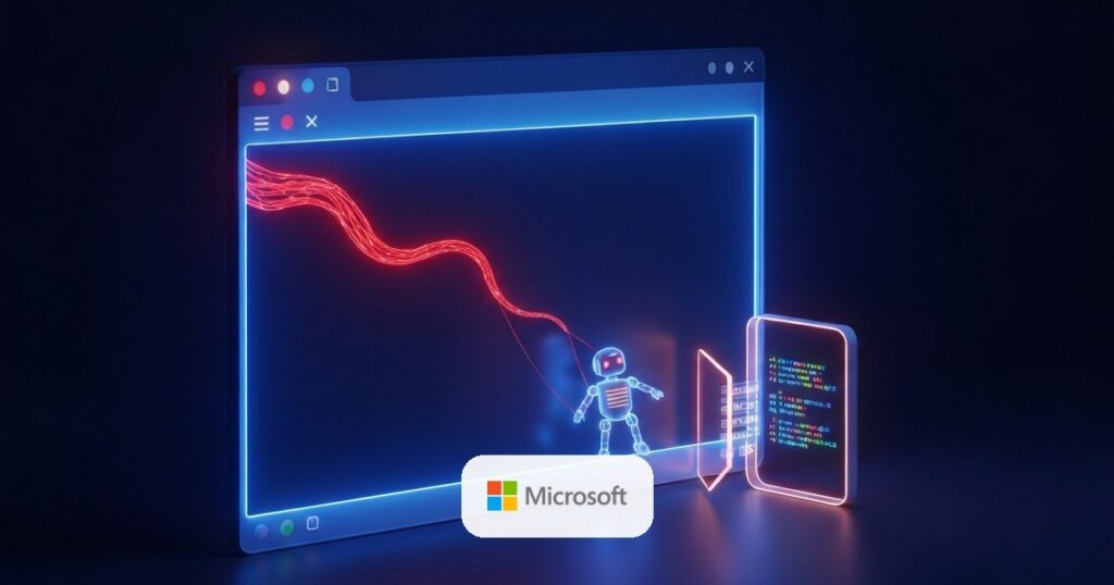 Render: una ventana de navegador con un hilo rojo que controla a un robot hacia una terminal — ataque AutoJack a agentes de IA