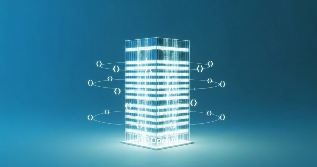 Render: una torre corporativa de vidrio iluminada con simbolos de codigo orbitando y el logo de OpenAI — Samsung despliega ChatGPT Enterprise y Codex