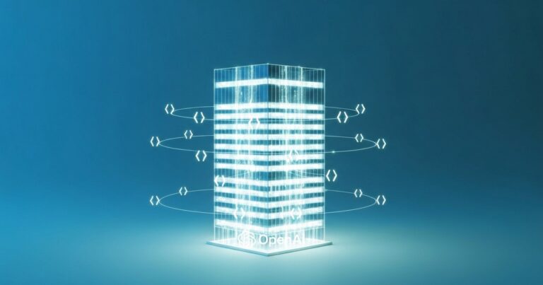 Render: una torre corporativa de vidrio iluminada con simbolos de codigo orbitando y el logo de OpenAI — Samsung despliega ChatGPT Enterprise y Codex