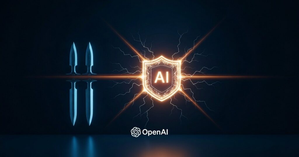 Render: un escudo de IA sellando vulnerabilidades con luz al amanecer y el logo de OpenAI — Daybreak de OpenAI