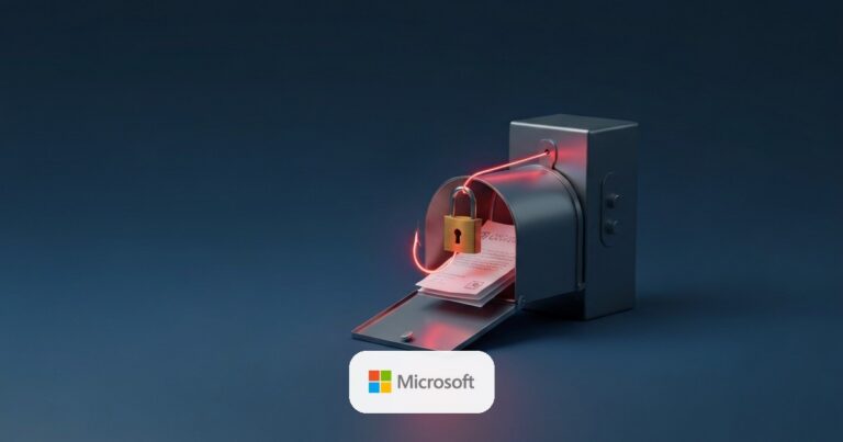 Anzuelo rojo sacando un candado y documentos de un buzón — vulnerabilidad SearchLeak en Microsoft 365 Copilot