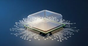 Render macro: un chip de CPU con un escudo de cifrado medio disuelto y medio restaurado — AMD quita y restaura el cifrado de memoria en Ryzen