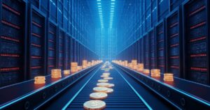 Render: una sala de data center alimentada por una cinta que convierte fichas y monedas en racks de GPU — Oracle financia su IA con despidos y deuda
