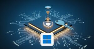 Chip de placa madre con escudo, reloj de arena y llave — vencimiento de certificados de Secure Boot 2026