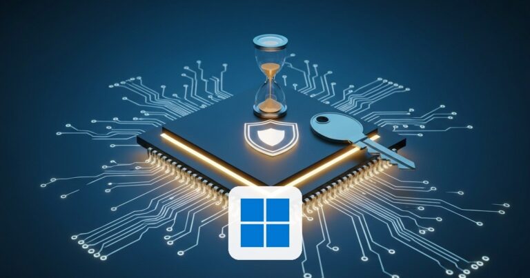Chip de placa madre con escudo, reloj de arena y llave — vencimiento de certificados de Secure Boot 2026