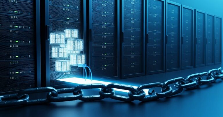 Racks de servidores con cargas de trabajo migrando y una cadena rompiéndose — Tesco deja VMware