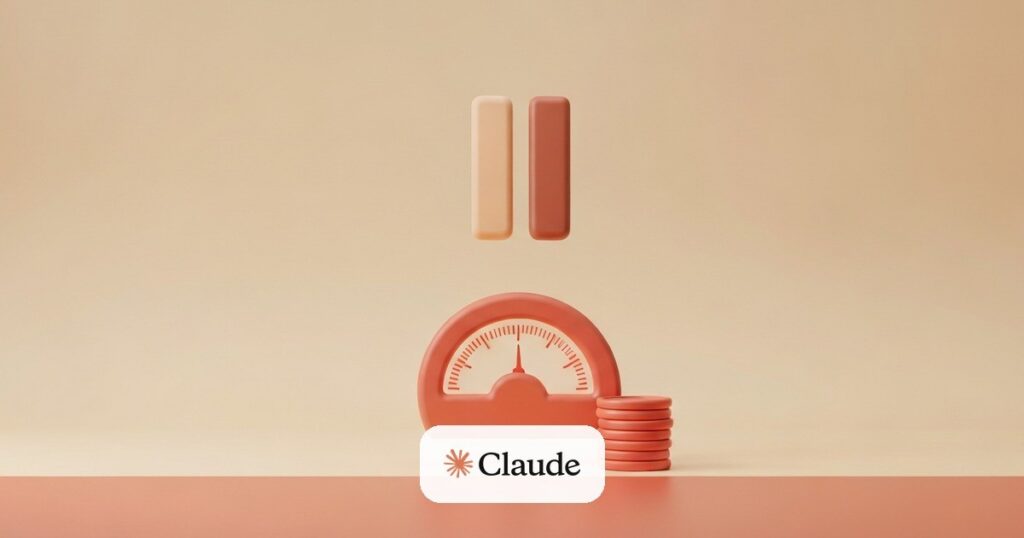 Símbolo de pausa, un medidor y monedas en paleta cálida — Anthropic pausa el cobro por tokens del Agent SDK