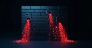 Muro de firewall agrietado dejando escapar chorros rojos de credenciales — filtración FortiBleed de Fortinet