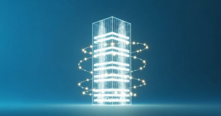 Torre de oficinas luminosa con nodos orbitando — BBVA despliega ChatGPT Enterprise a escala