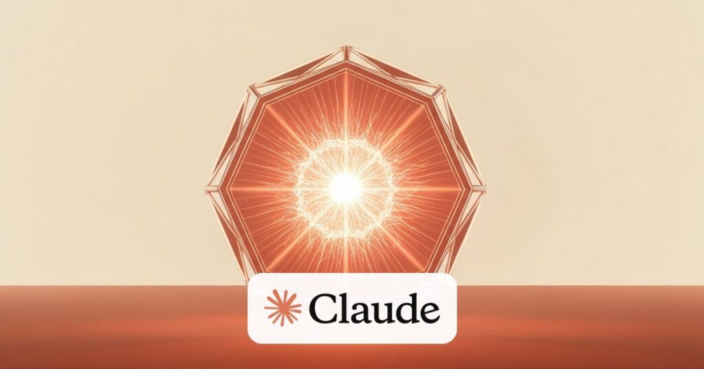 Logo de Claude sobre un nucleo de luz coral contenido en un cristal facetado — Claude Fable 5