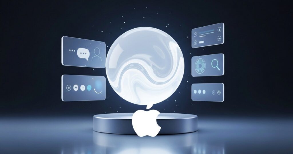 Esfera de IA con paneles holograficos y logo de Apple