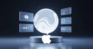 Esfera de IA con paneles holograficos y logo de Apple