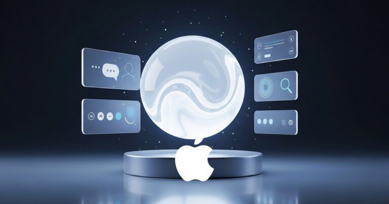 Esfera de IA con paneles holograficos y logo de Apple