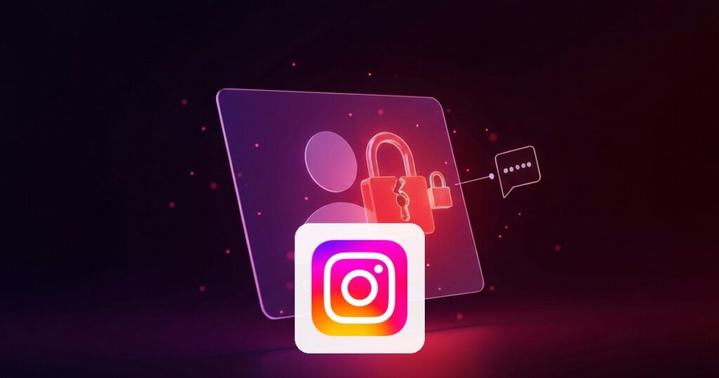 Perfil con candado roto, burbuja de chat IA y logo de Instagram
