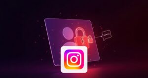 Perfil con candado roto, burbuja de chat IA y logo de Instagram