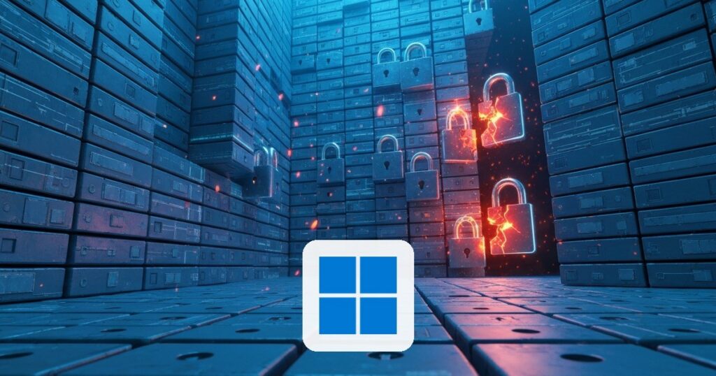 Boveda de candados con brechas criticas en rojo y logo de Windows