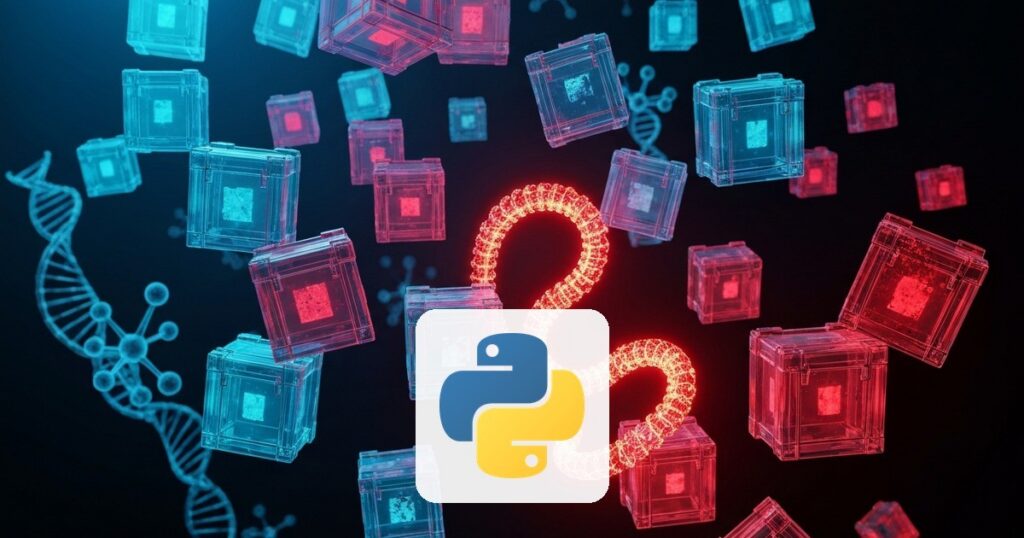 Gusano rojo entre paquetes infectados con estructuras de ADN y logo de Python