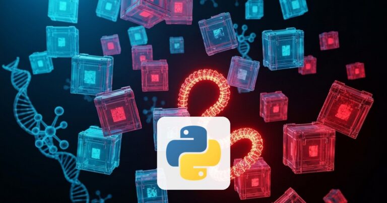 Gusano rojo entre paquetes infectados con estructuras de ADN y logo de Python