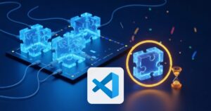 Bloques de extension con uno en cuarentena, reloj de arena y logo de VS Code