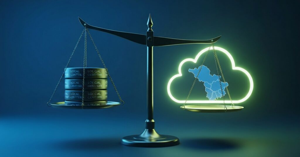 Render editorial de una balanza conceptual entre un data center local y una nube abstracta brillante, en paleta azul y verde