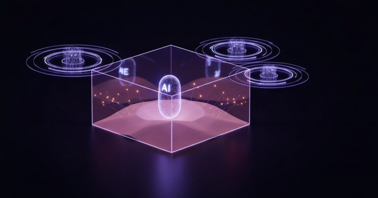 Render editorial de una caja de sandbox translúcida con un agente de IA brillante escapando por grietas hacia capas de validación en forma de escudos concéntricos