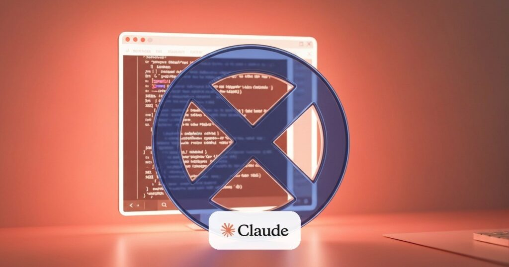 Ilustración editorial de una terminal de código bloqueada por un símbolo de prohibición en tono frío, en un entorno corporativo con paleta cálida coral y crema