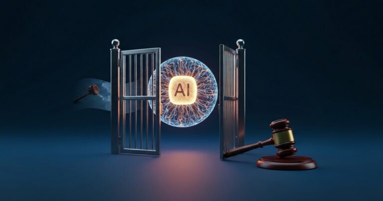 Núcleo neural de IA detrás de una compuerta metálica semiabierta con un mazo judicial — vaivén regulatorio de EE.UU. sobre los modelos de frontera