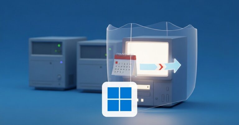 PC de escritorio clásico protegido por un escudo translúcido con un calendario y una línea de tiempo que se extiende — soporte extendido de Windows 10